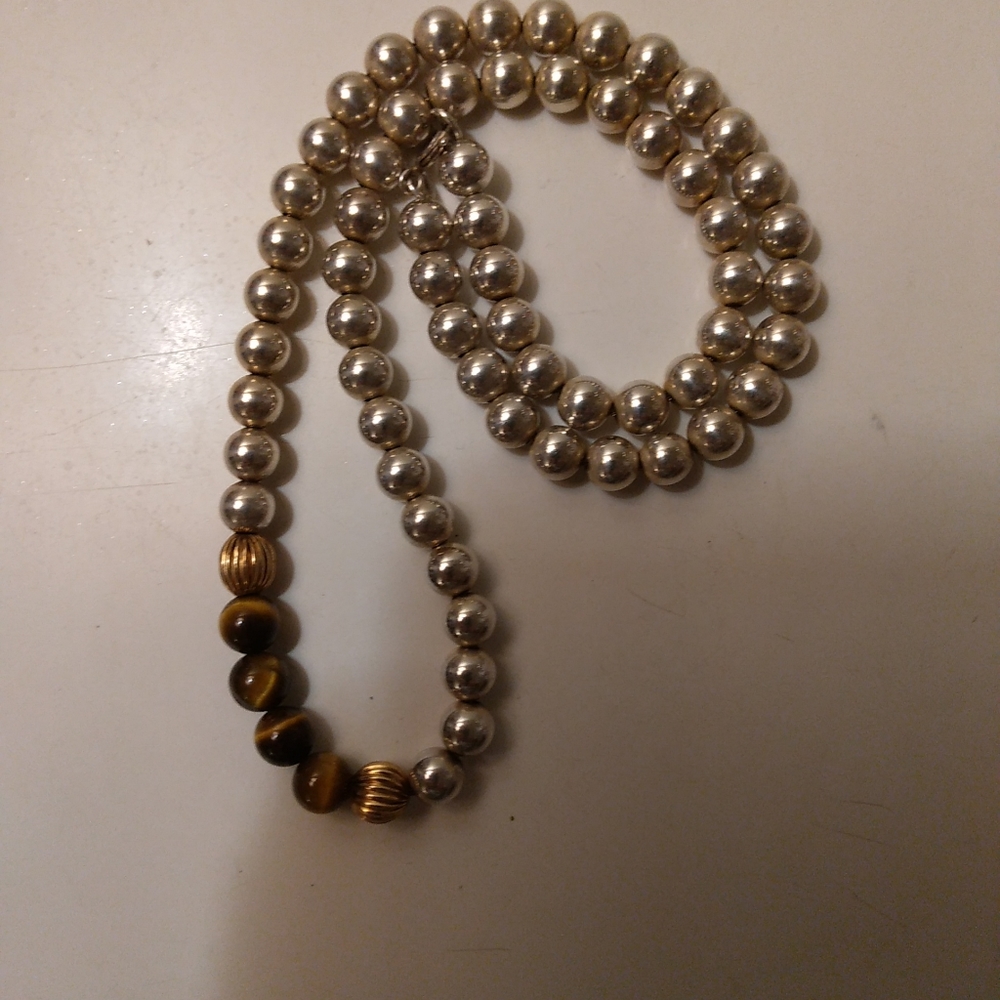 Vintage solid sterling silver necklace the chain, balls, & tiger Eye stones